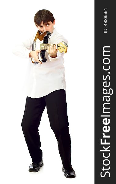 Young man with electric guitar over white. Young man with electric guitar over white