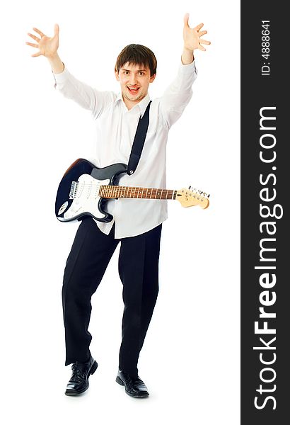 Young man with guitar over white