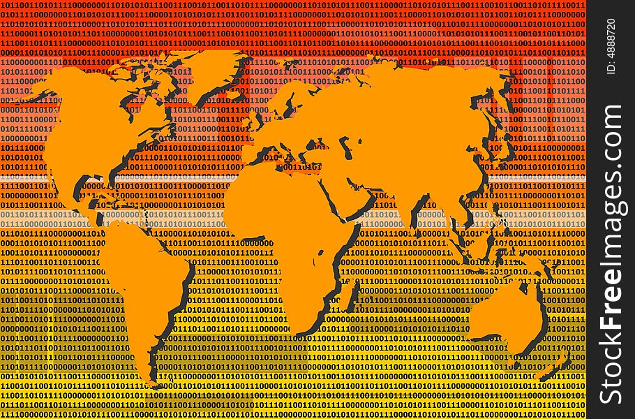 Binary world map in orange with numbers