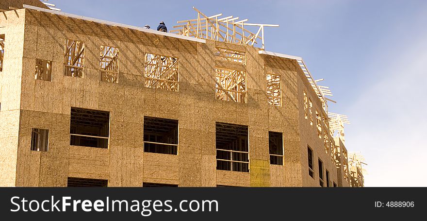 A wood construction project with wood roof trusses. A wood construction project with wood roof trusses