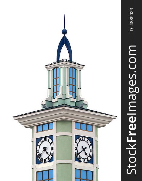 Clock tower with blue windows, isolated on white.