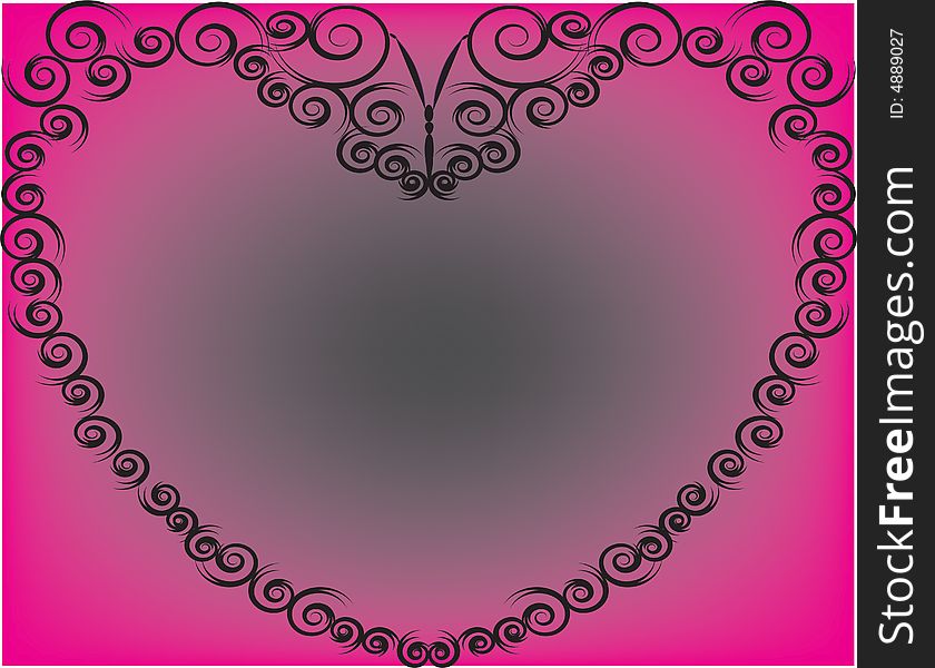 Black scrolls in the shape of a heart against pink background. Black scrolls in the shape of a heart against pink background