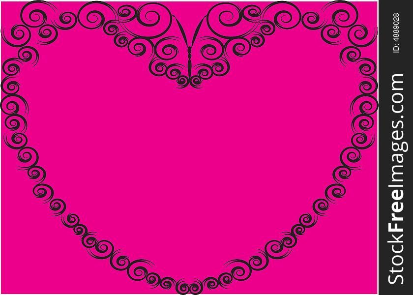 Black spirals in the shape of a heart against pink background. Black spirals in the shape of a heart against pink background