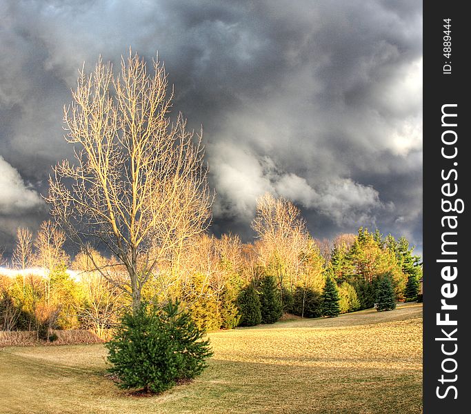 Front yard in a residential community graced by storm couds. Front yard in a residential community graced by storm couds.