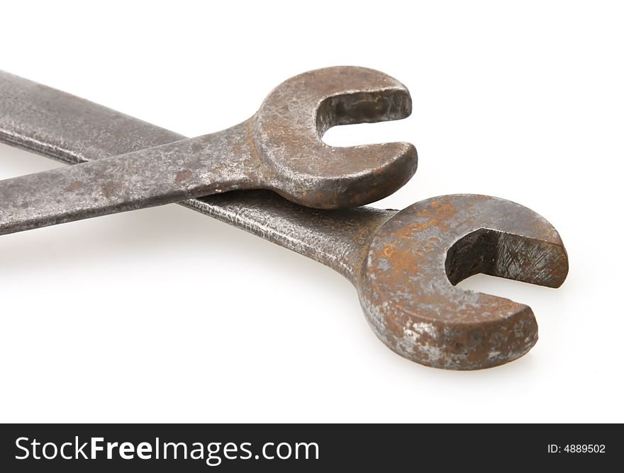 Old vintage open end standard steel wrenches close-up. Old vintage open end standard steel wrenches close-up