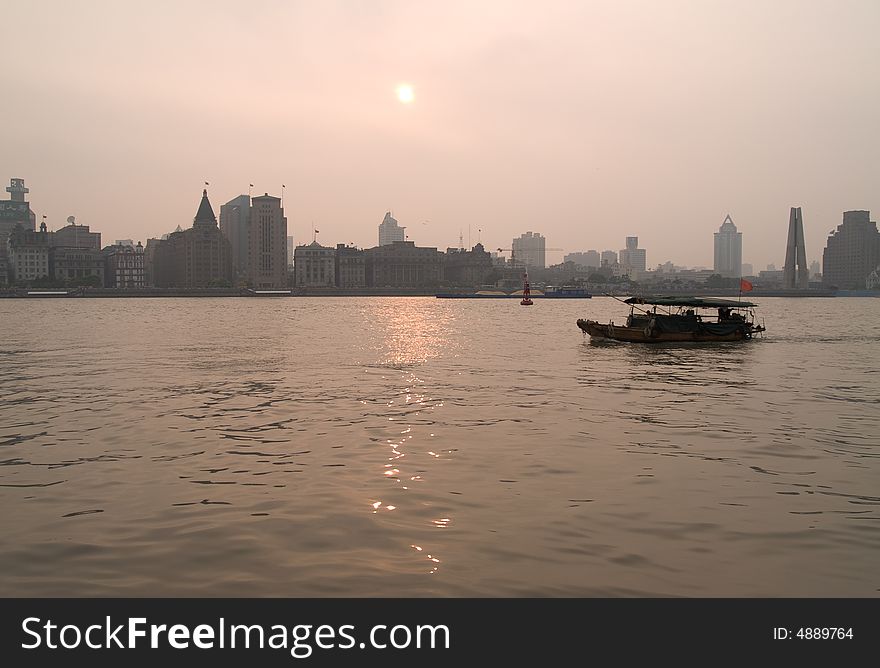 Old Boat in Shanghai at Sunset