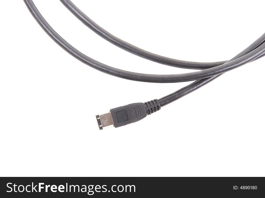 A black usb cable coiled on a white background