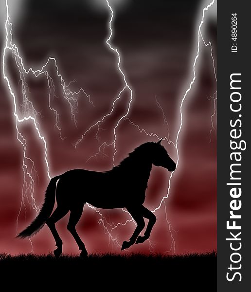 Black horse silhouette running in the storm. Black horse silhouette running in the storm