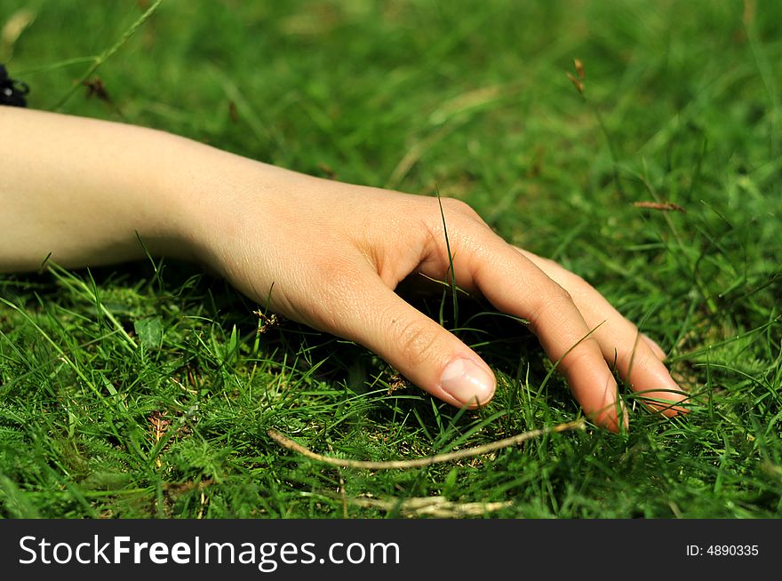 Relaxed hand on bed of grass