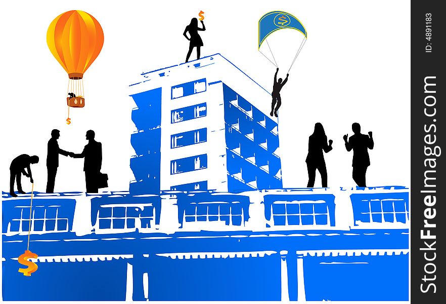 Illustration of business people and city