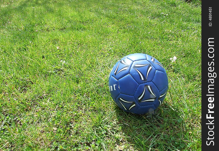 Blue football ball on the green grass