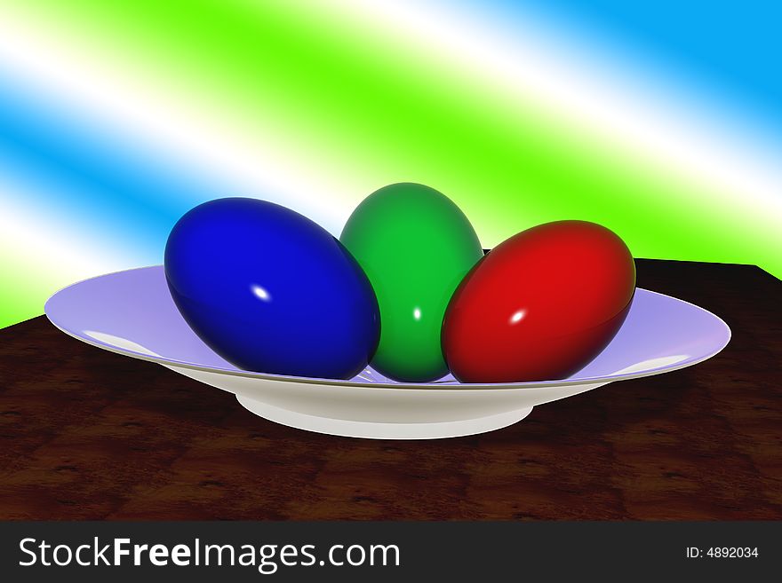 Multi-coloured eggs on a plate