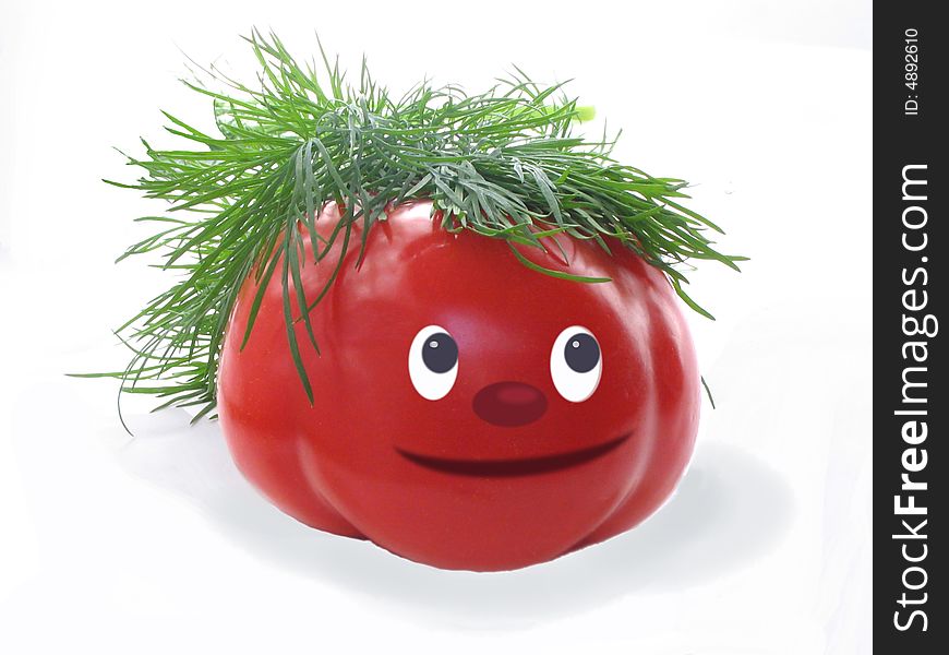 Cheerful, red tomato with hair from green fennel on a white background. Cheerful, red tomato with hair from green fennel on a white background.