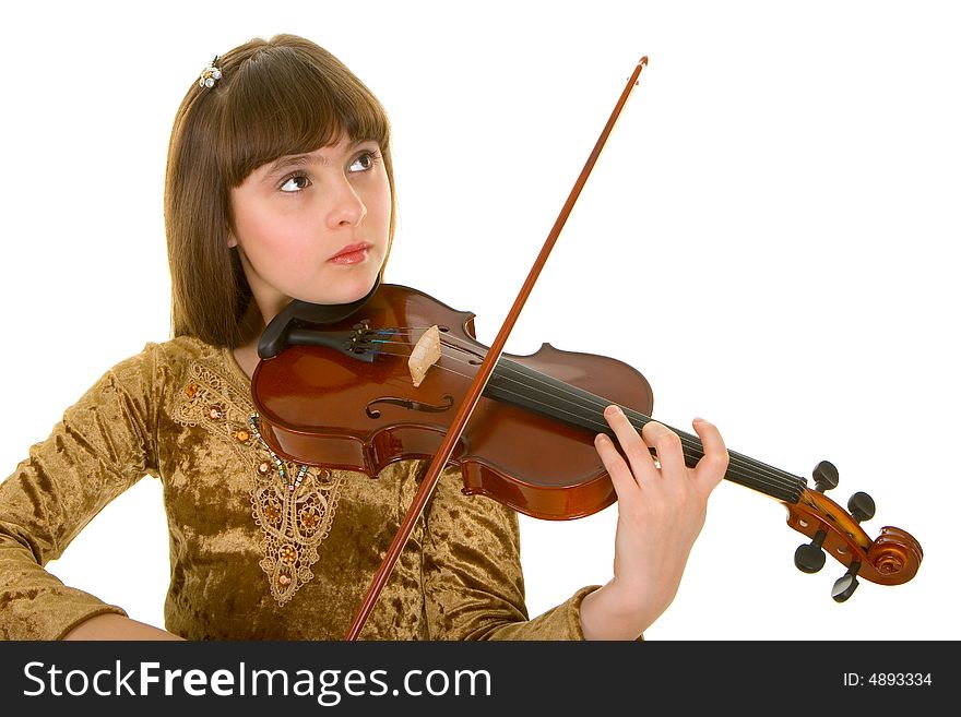 Girl with violin isolated in white background