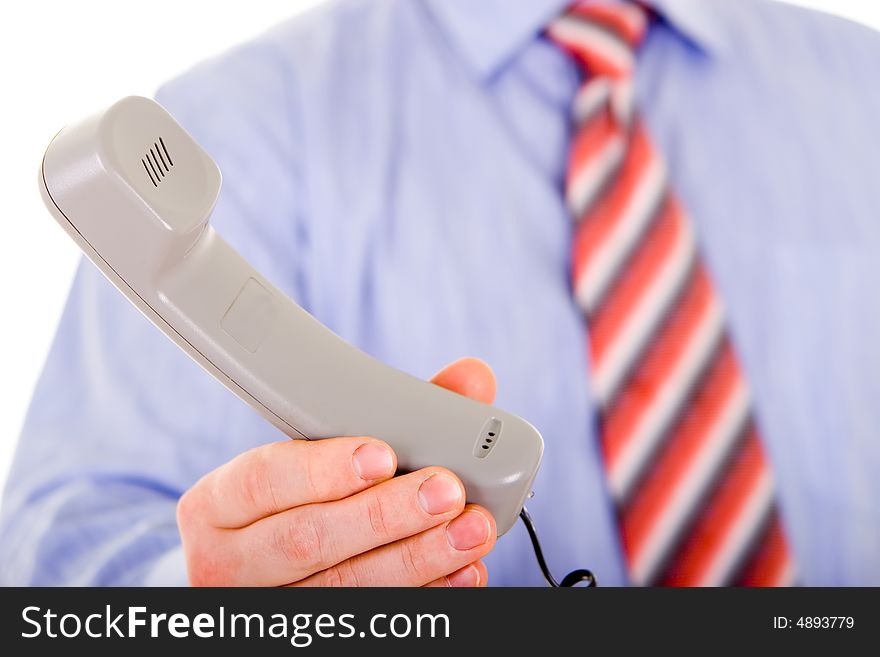 Business man with telephone isolated in white background