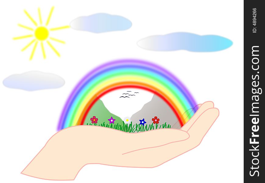 Rainbow, mountains, grass, flowers on a hand, sun and clouds. Rainbow, mountains, grass, flowers on a hand, sun and clouds