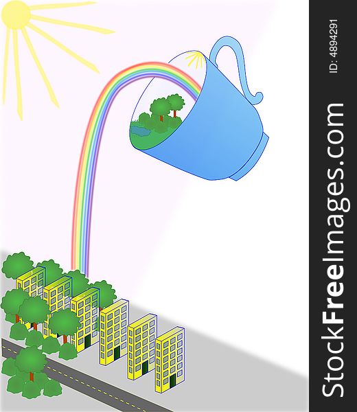 A cup with rainbow, trees, lake, bushes watering a city. A cup with rainbow, trees, lake, bushes watering a city
