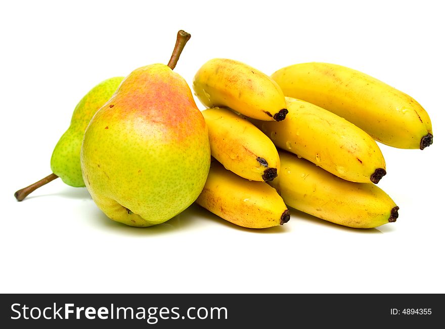 Pears and bananas on white. Isolation