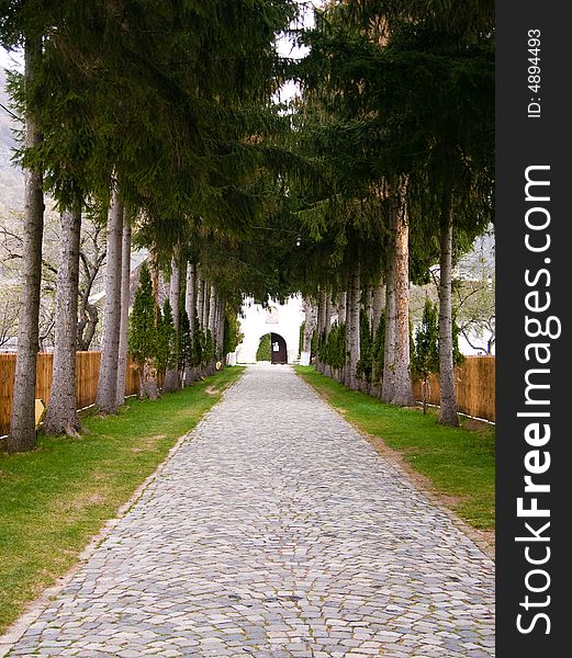 Alley of the Polovragi Monastery (on the feet of Carpathian mountains, in Oltenia district). Alley of the Polovragi Monastery (on the feet of Carpathian mountains, in Oltenia district).
