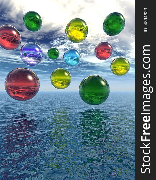 Multicolor rising balls from sea surface - 3d illustration.