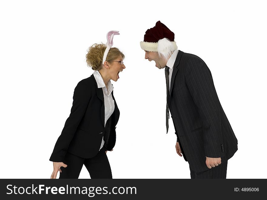 Woman as Easter Bunny and men as Santa Claus. Woman as Easter Bunny and men as Santa Claus.