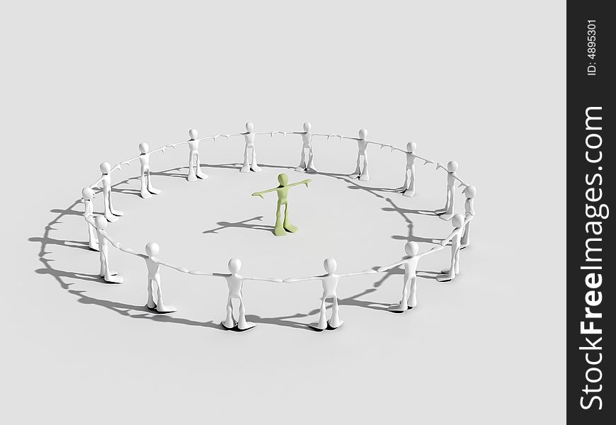 Isolated 3d man surrownded by a circle of men