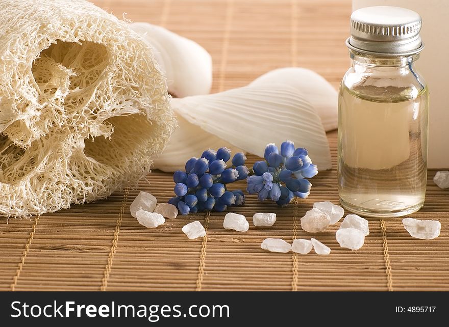 Aromatherapy items. oil, salt, loofa, candles, shell, flowers. spa