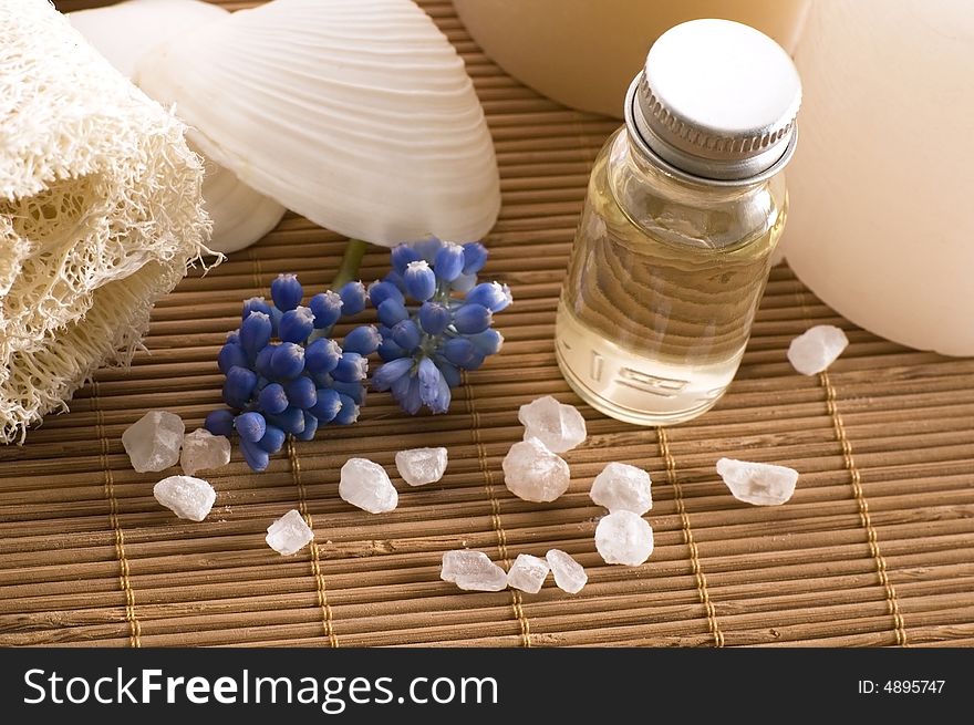 Aromatherapy items. oil, salt, loofa, candles, shell, flowers. spa