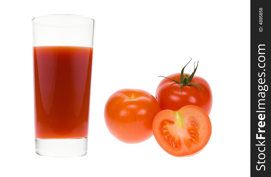 Glass of fresh tomato juice isolated on a white background