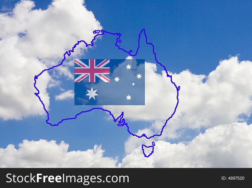 Sky with contour map and flag of Australia. Sky with contour map and flag of Australia
