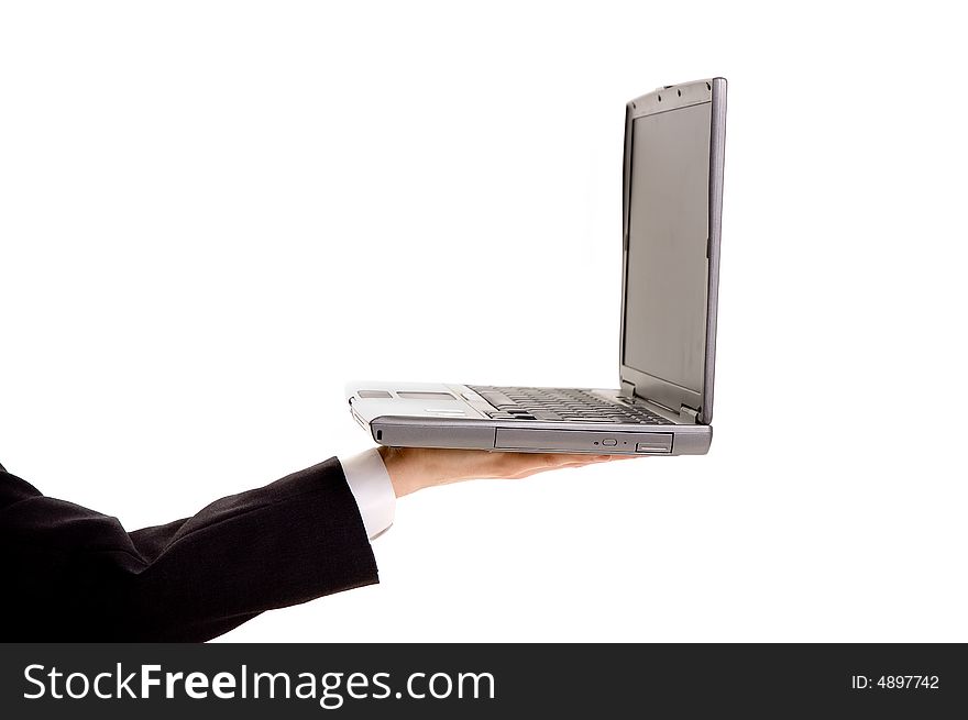 Laptop computer in a businessman's hand. Laptop computer in a businessman's hand