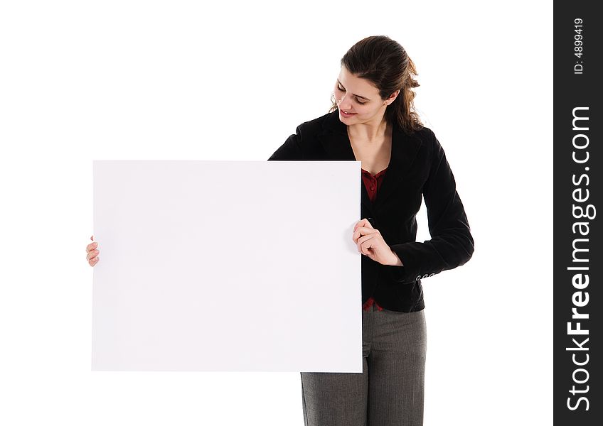 Business person holding a white piece of cardboard. Business person holding a white piece of cardboard
