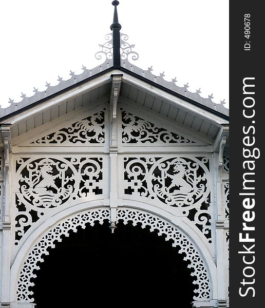 Archtecture details made from woods in 19th century. Market Colonnade in Karlovy Vary. Archtecture details made from woods in 19th century. Market Colonnade in Karlovy Vary