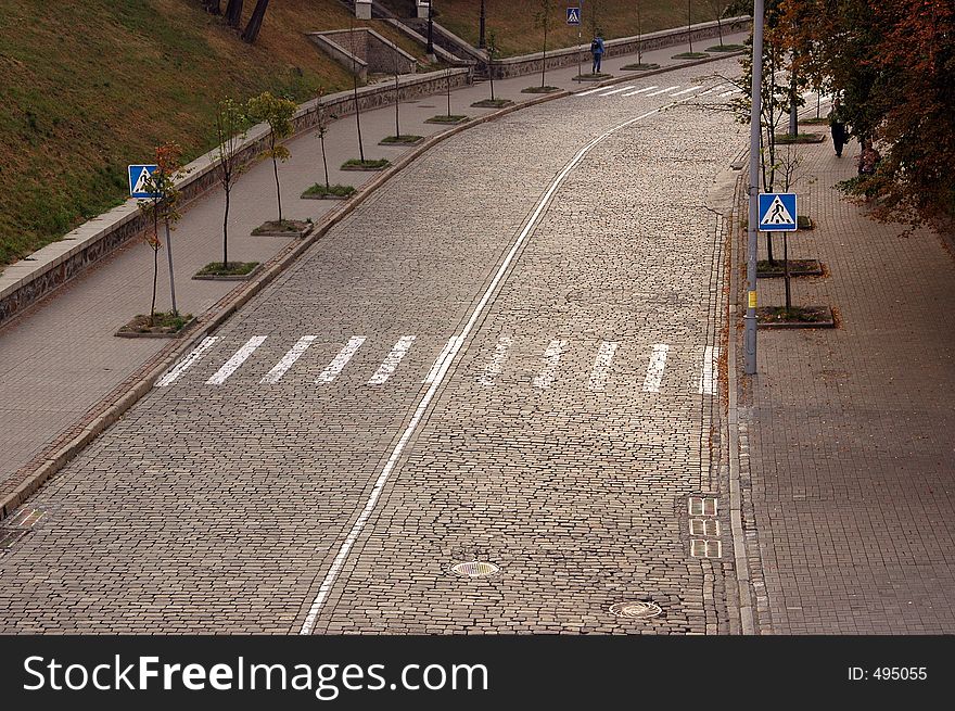 Road, pedestrian crossing, stone blocks, street, sign