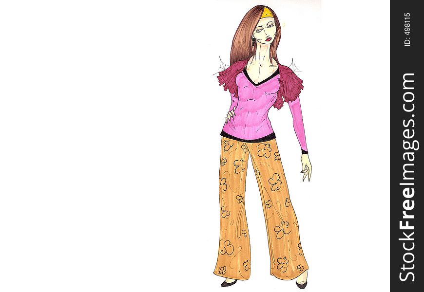 A hand drawn image of model dressed in wide leg flowered pants and sparkling, burgundy bolero. Author: HOlly Doucette, 2006. A hand drawn image of model dressed in wide leg flowered pants and sparkling, burgundy bolero. Author: HOlly Doucette, 2006.