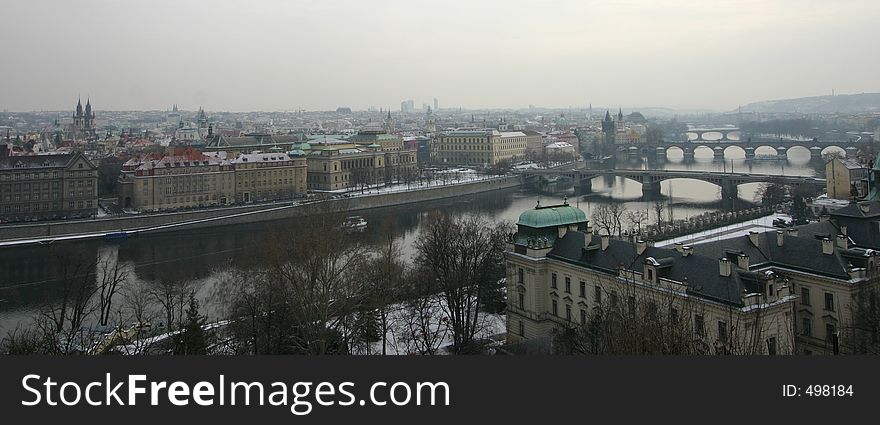 Prague panorama on a misty day.