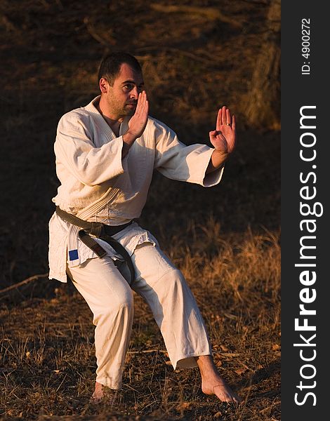 Martial arts training in nature at dawn. Man in karate suit, wearing black belt