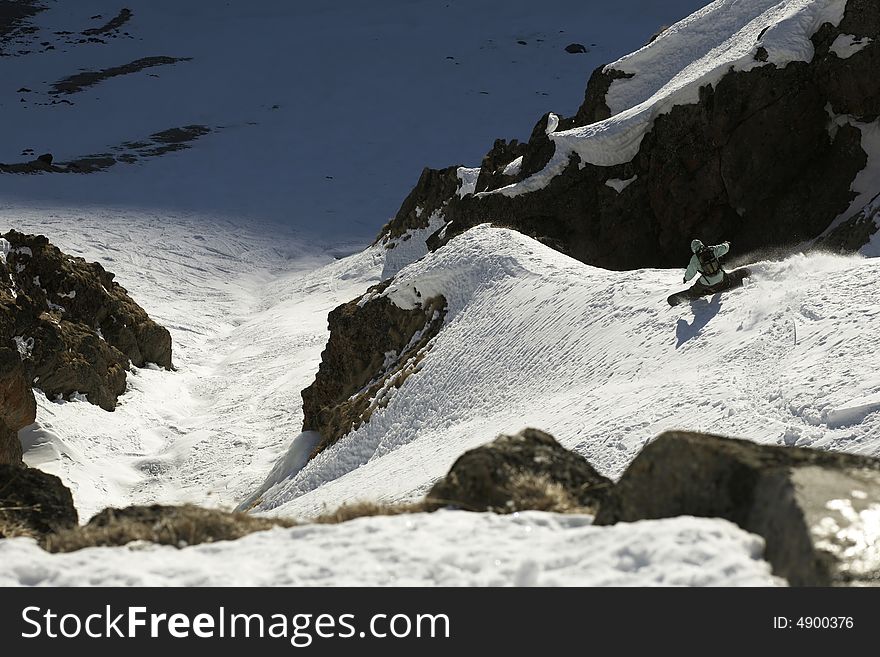 Snowboard freeride in high mountains, snow, winter
