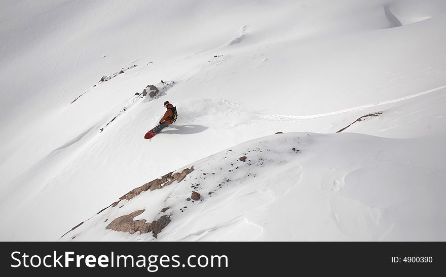 Snowboard freeride in high mountains, snow, winter