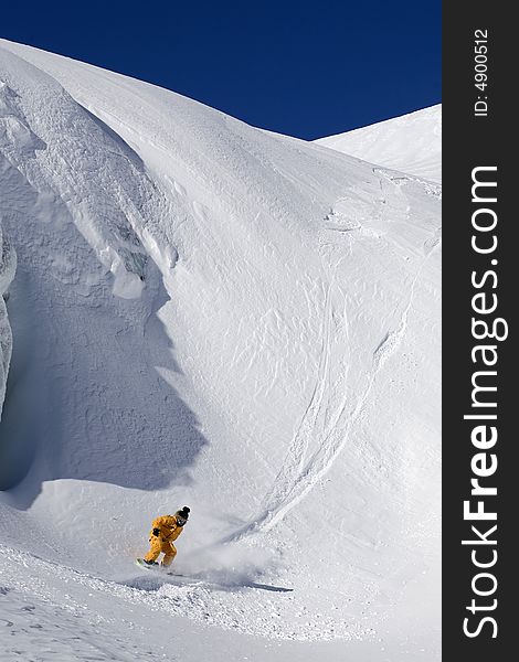 Snowboard freeride in high mountains, snow, winter