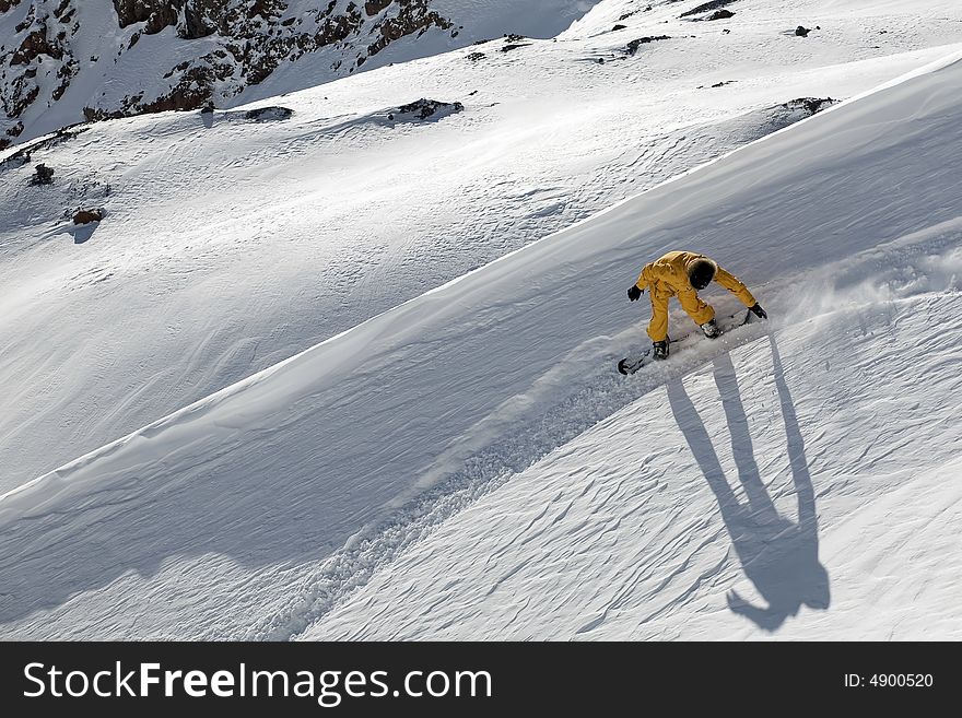 Snowboard freeride in high mountains, snow, winter