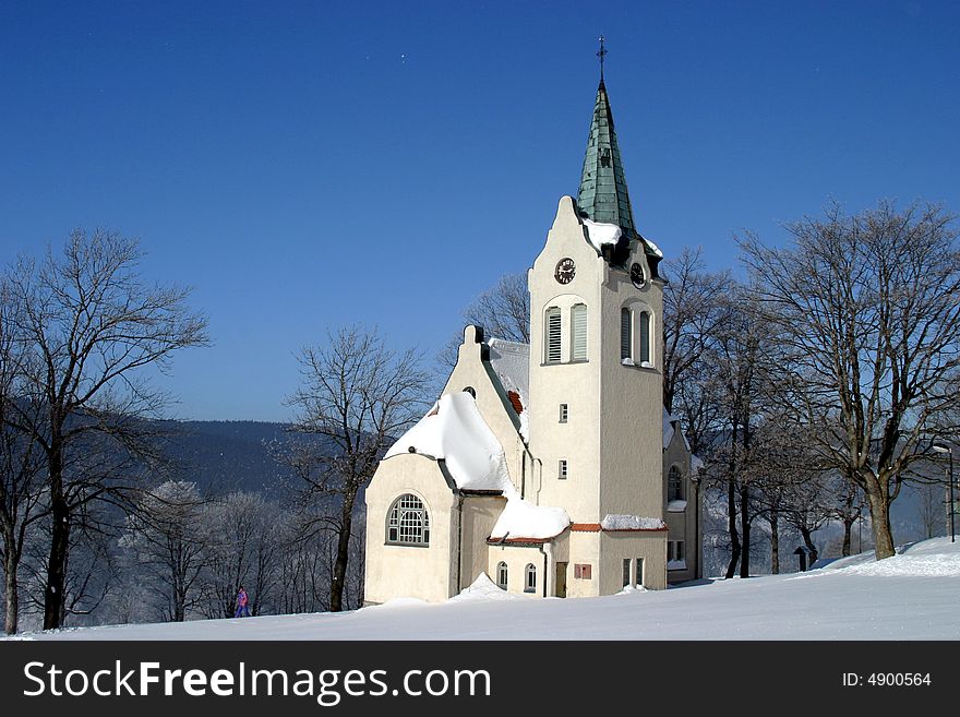 Snowy highland chapel in Czech Republic / Europe. Snowy highland chapel in Czech Republic / Europe