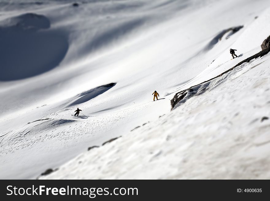 Snowboard freeride in high mountains