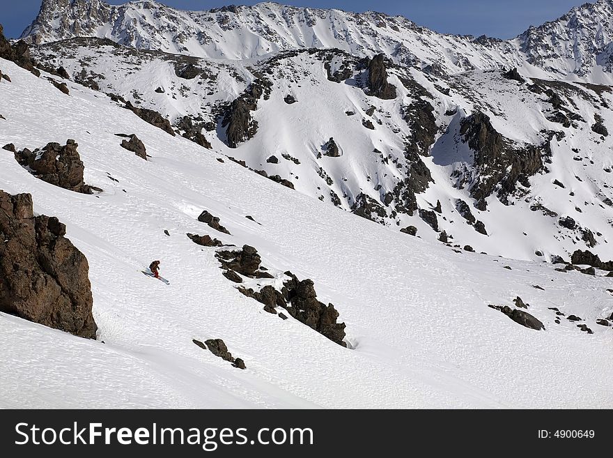 Ski freeride in high mountains, sky, winter