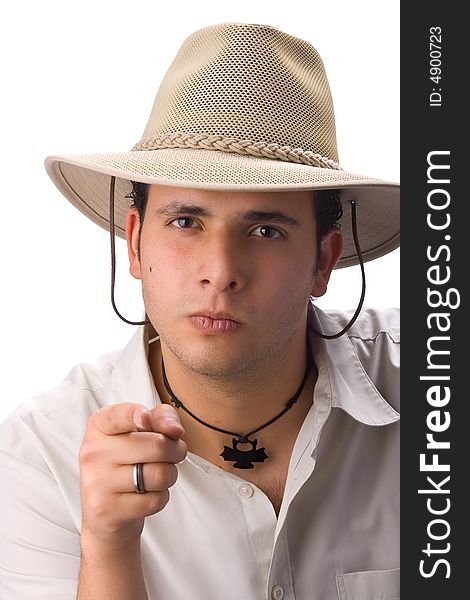 Young Latin Man With Hat Pointing