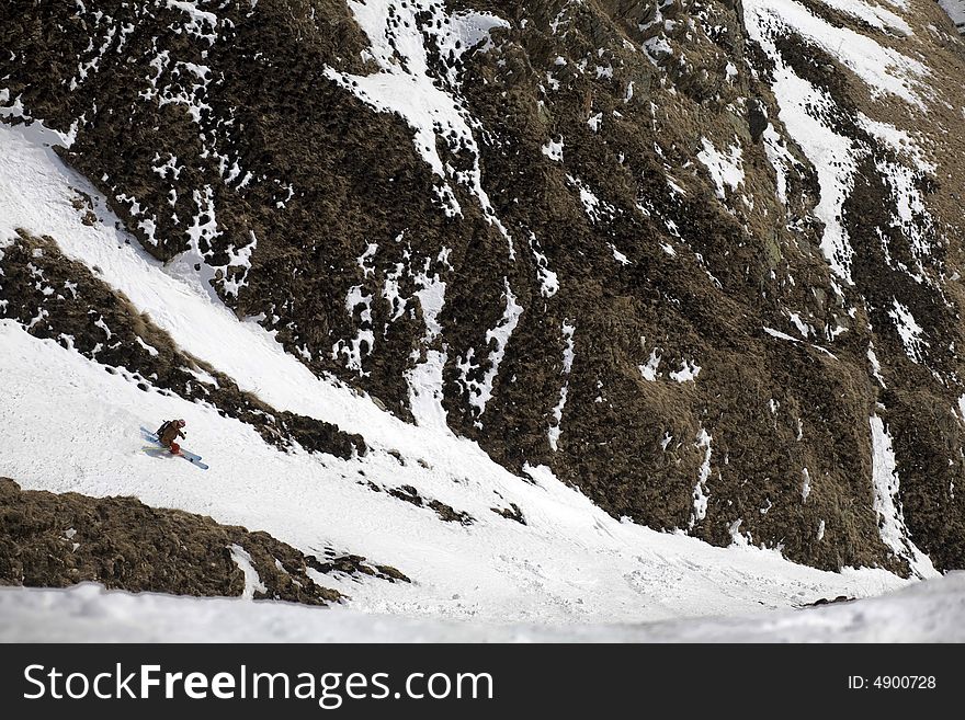 Ski freeride in high mountains, sky, winter