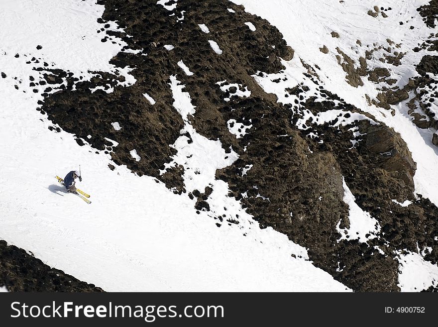 Ski freeride in high mountains, sky, winter