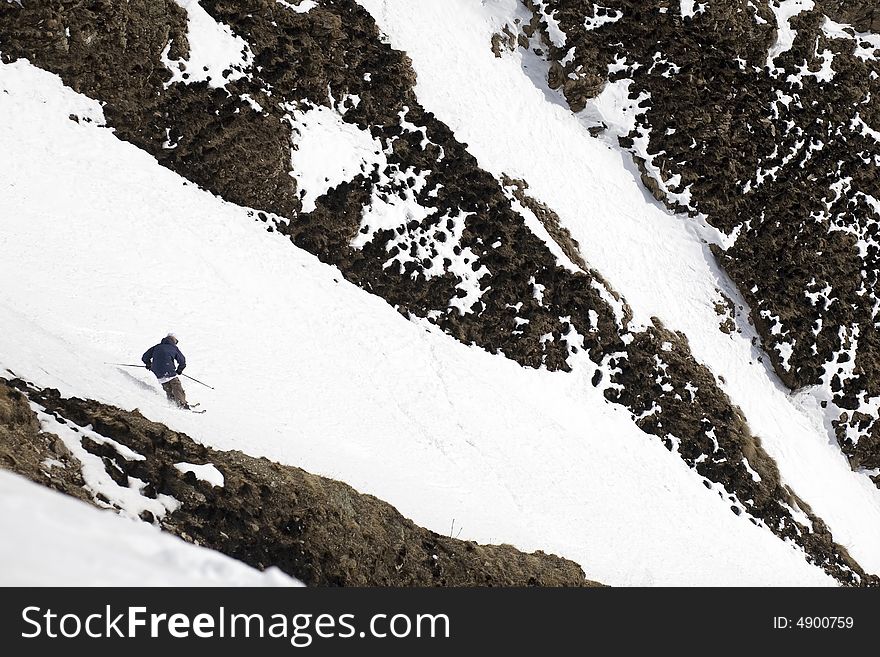 Ski freeride in high mountains, sky, winter