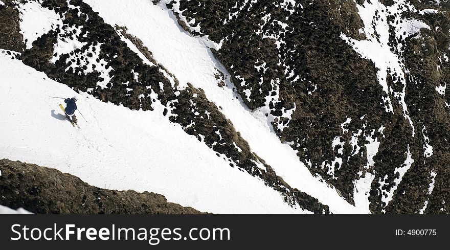 Ski freeride in high mountains, sky, winter