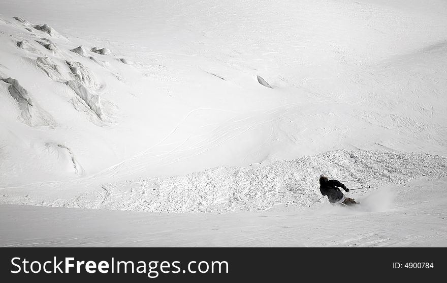 Ski freeride in high mountains, sky, winter